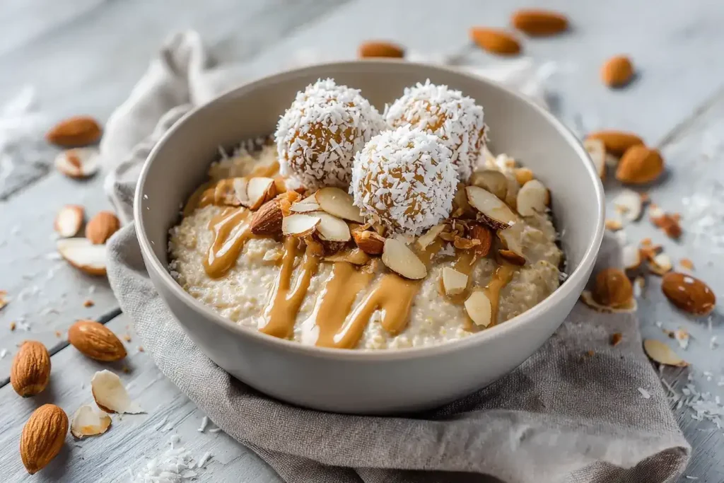 Raffaello-Porridge von oben mit Toppings aus Skyr, gehackten Mandeln und Mandelmus auf einem hellen Frühstückstisch