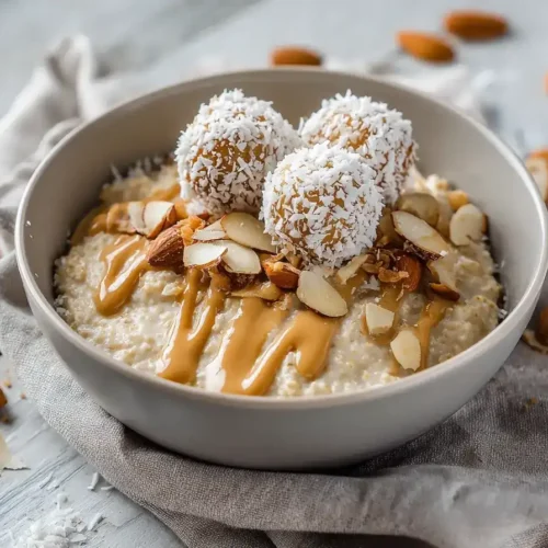 Raffaello-Porridge von oben mit Toppings aus Skyr, gehackten Mandeln und Mandelmus auf einem hellen Frühstückstisch
