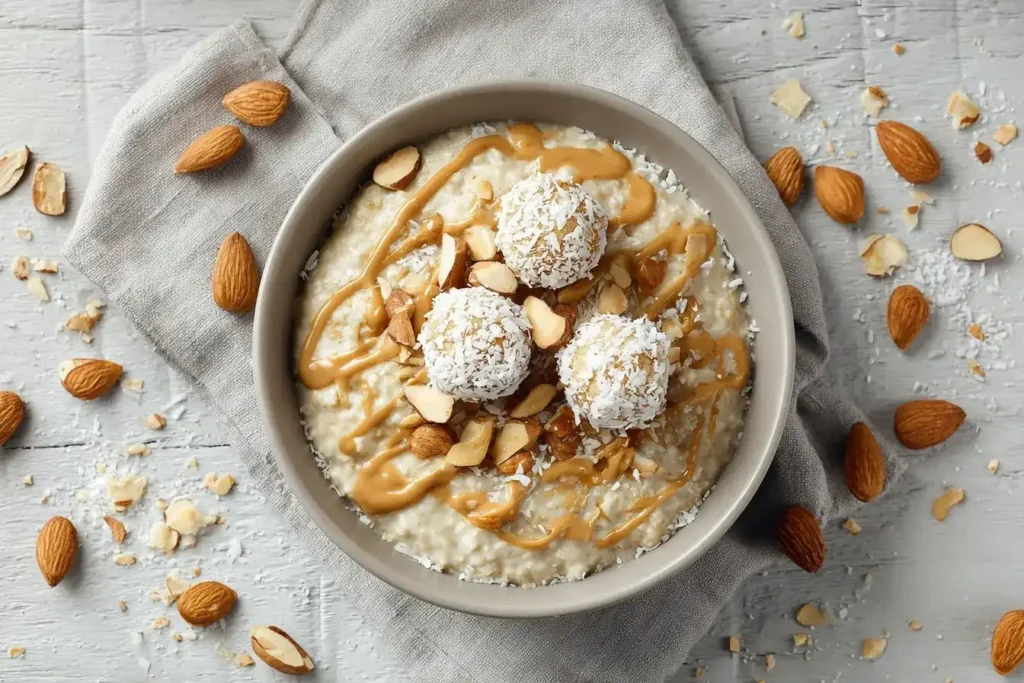 Cremiges Raffaello-Porridge mit Skyr, Kokosraspeln, Mandeln und Raffaello-Kugeln serviert in einer Schüssel