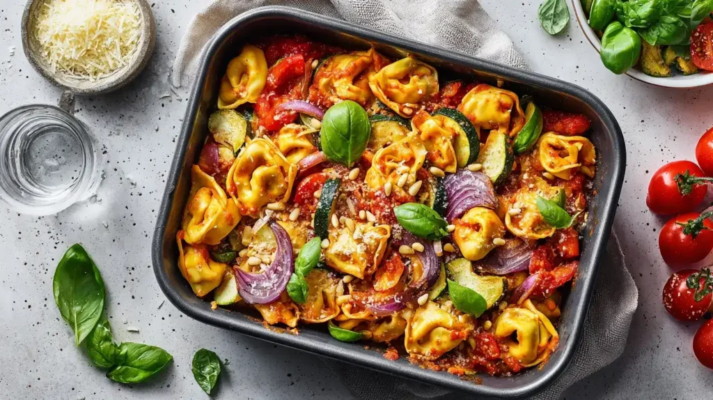 Ravioli mit Gemüse vom Blech – buntes Ofengericht mit Zucchini, Paprika und Parmesan