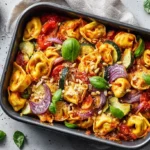 Ravioli mit Gemüse vom Blech – buntes Ofengericht mit Zucchini, Paprika und Parmesan