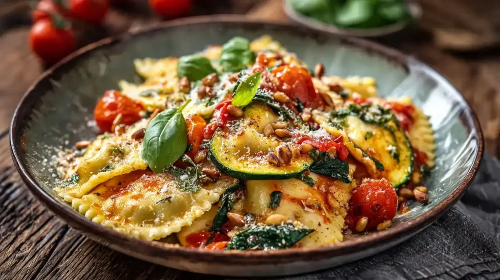 Frisches Ravioli-Gericht mit Gemüse, gerösteten Pinienkernen und Parmesan auf Backblech