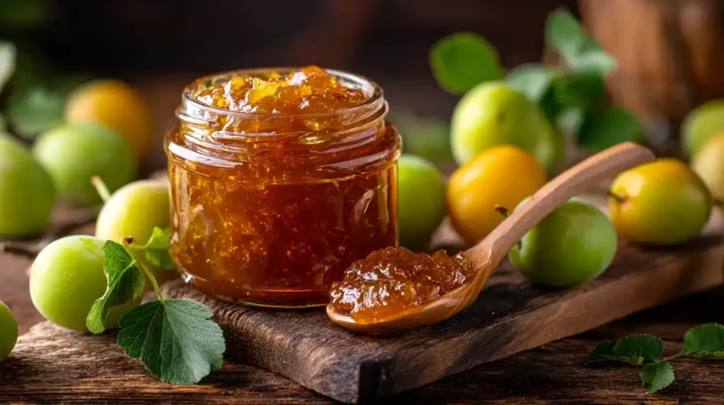 Frisches Brot mit selbstgemachter Renekloden-Marmelade und Holzlöffel daneben