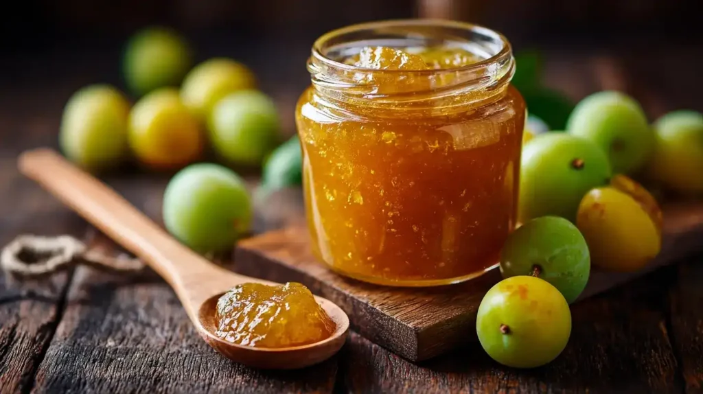 Glas mit selbstgemachter Renekloden-Marmelade und frischen Renekloden im Hintergrund
