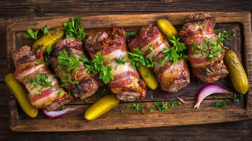 Servierte Rinderrouladen vom Grill mit Ofenkartoffeln und frischem Salat, rustikale Präsentation