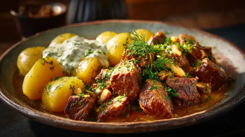 Schmorgurken-Hackfleisch-Pfanne mit Kartoffeln und frischen Kräutern serviert