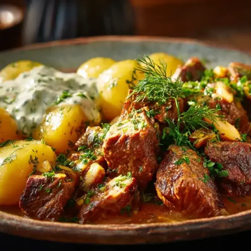 Schmorgurken-Hackfleisch-Pfanne mit Kartoffeln und frischen Kräutern serviert