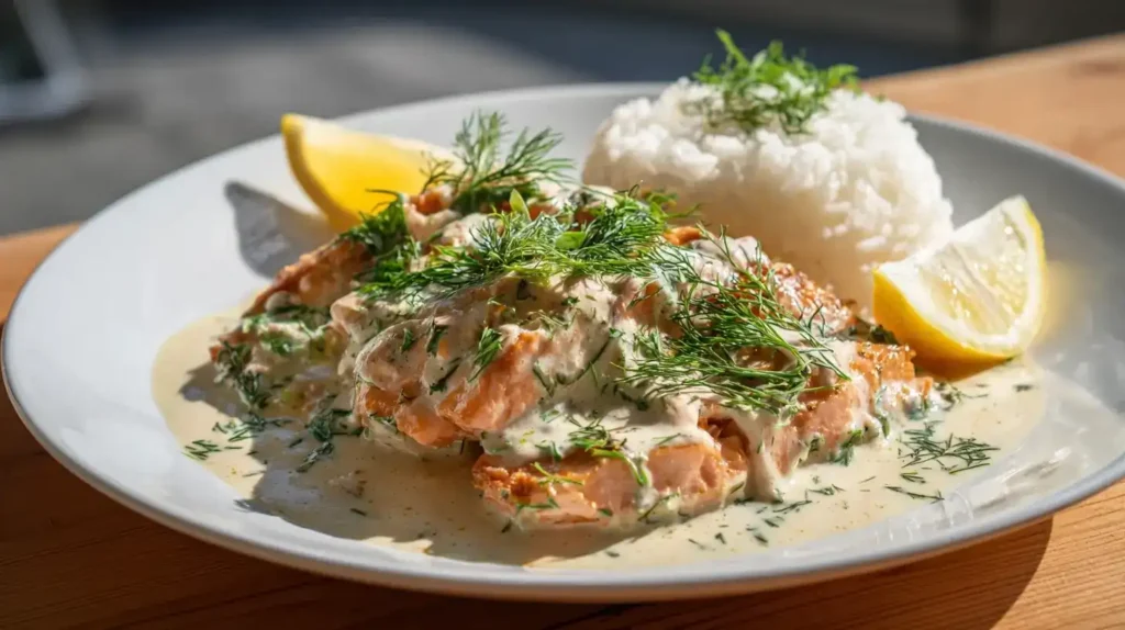 Schmorgurkenpfanne mit Lachs auf weißem Teller mit Reis und frischem Dill
