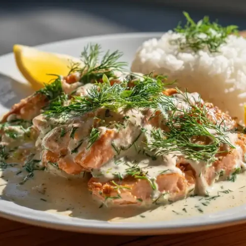 Schmorgurkenpfanne mit Lachs auf weißem Teller mit Reis und frischem Dill