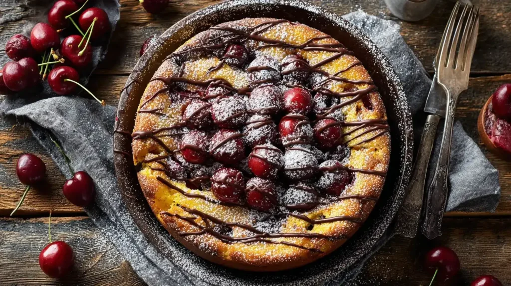 Schoko-Kirsch-Kuchen vom Blech mit Puderzucker und frischen Kirschen, oberer Blick