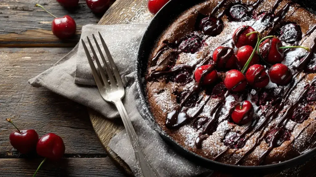 Ein Stück saftiger Schoko-Kirsch-Kuchen vom Blech auf Teller serviert