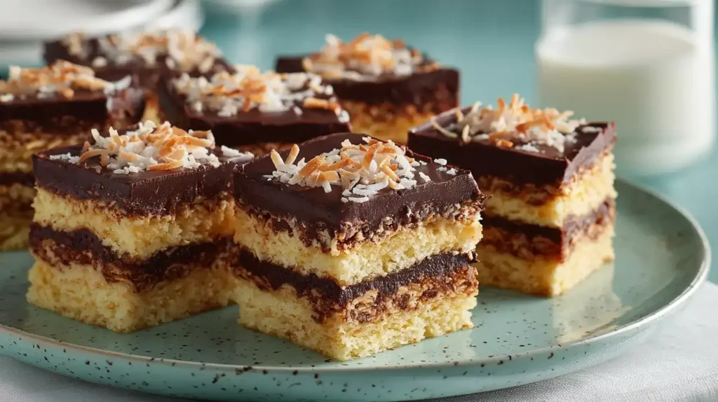 Schoko-Kokos-Kuchen vom Blech mit glänzender Schokoladenglasur und Kokosraspeln