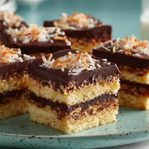 Schoko-Kokos-Kuchen vom Blech mit glänzender Schokoladenglasur und Kokosraspeln