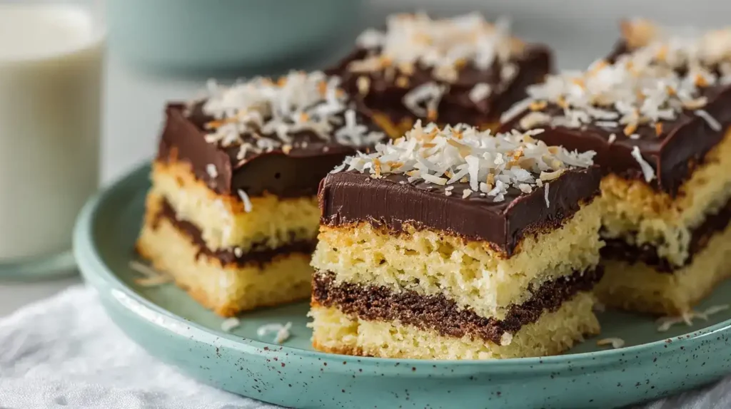 Frisch geschnittene Stücke Schoko-Kokos-Kuchen vom Blech auf Teller serviert