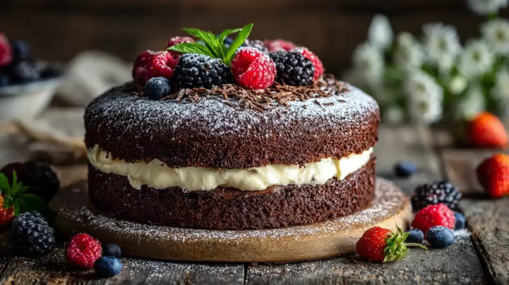 Ein Stück Schokokuchen mit Puddingfüllung, garniert mit Puderzucker und Schokoladenraspeln