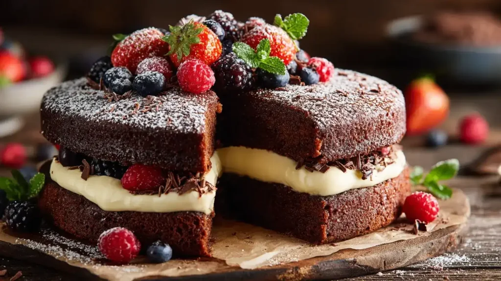 Schokokuchen mit Pudding – saftig und cremig, auf einem rustikalen Holzbrett