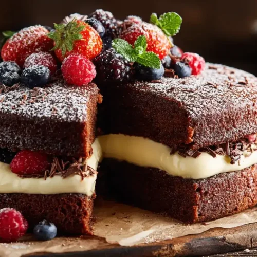 Schokokuchen mit Pudding – saftig und cremig, auf einem rustikalen Holzbrett