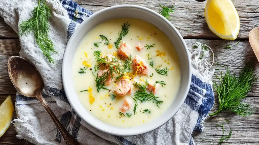 Schwedische Sommersuppe mit Lachs, Dill und Kartoffeln in weißer Schüssel