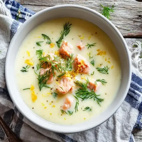Schwedische Sommersuppe mit Lachs, Dill und Kartoffeln in weißer Schüssel
