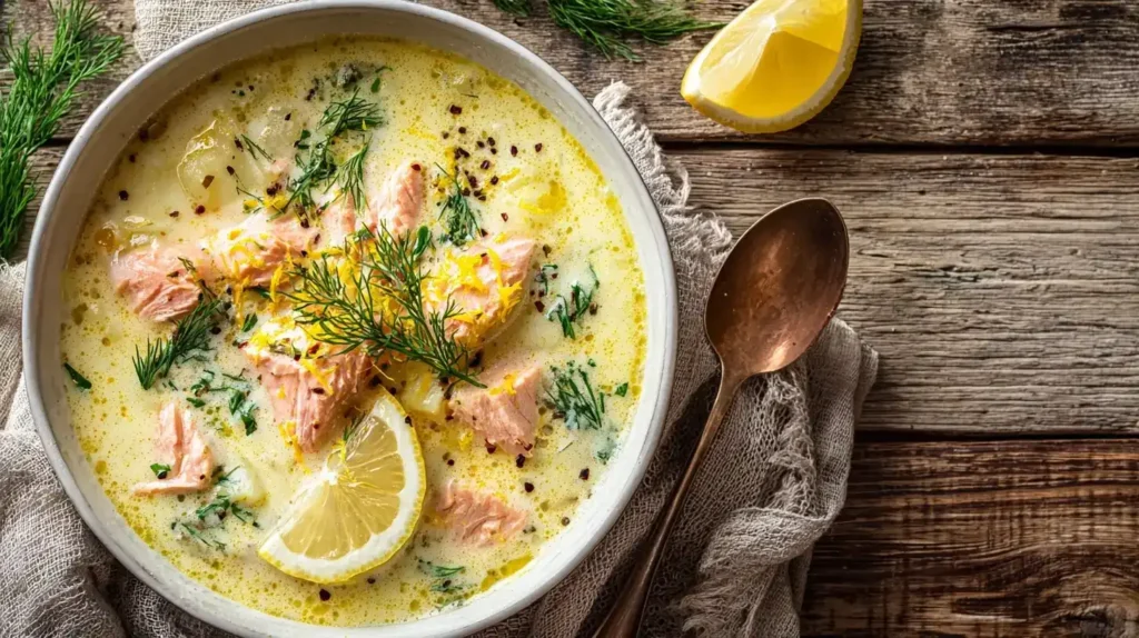 Cremige schwedische Sommersuppe serviert mit frischer Dill-Gremolata