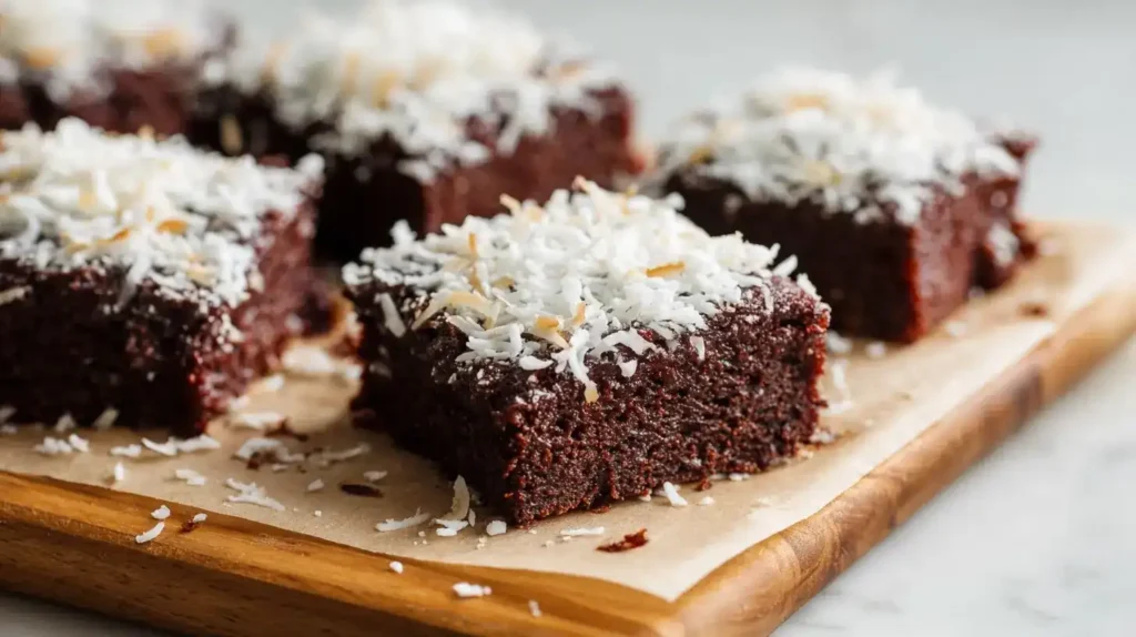 Skúffukaka Blechkuchen frisch gebacken mit Glasur und Kokosraspeln