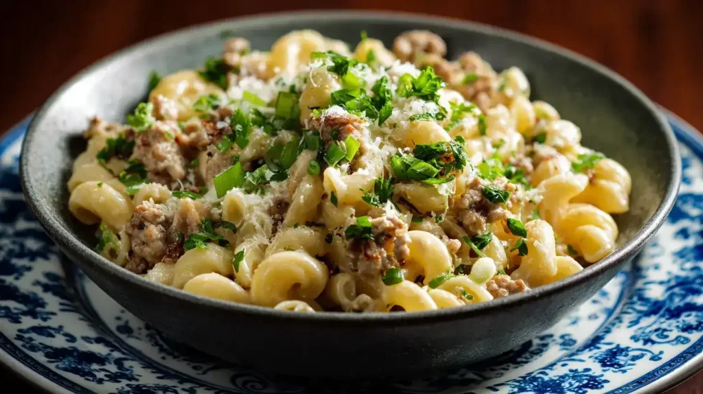 Spätzle-Hack-Pfanne mit Lauch und Käse Spätzle-Hack-Pfanne mit Lauch und Käse auf rustikalem Holztisch