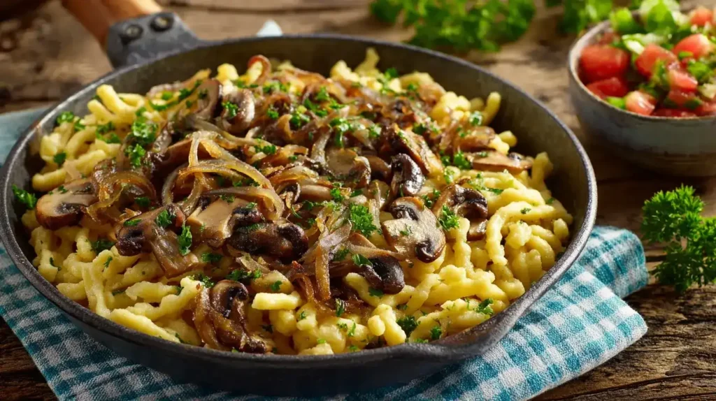 Spätzle-Pfifferling-Pfanne mit Petersilie auf Teller