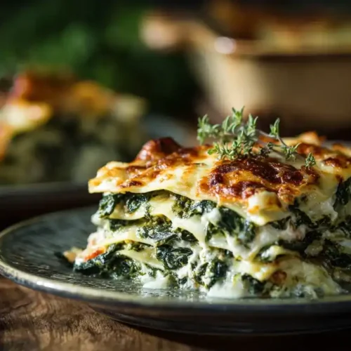 Spinat-Frischkäse-Lasagne frisch aus dem Ofen, goldbraun und cremig