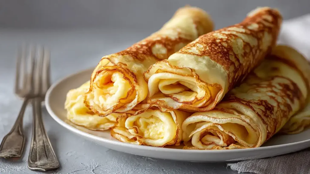 Süße Frühstückswraps mit Frischkäse, Banane und Apfel auf rustikalem Holztisch