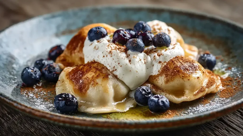 Süße Piroggi mit Vanille-Sauerrahm, warmen Heidelbeeren und Butter