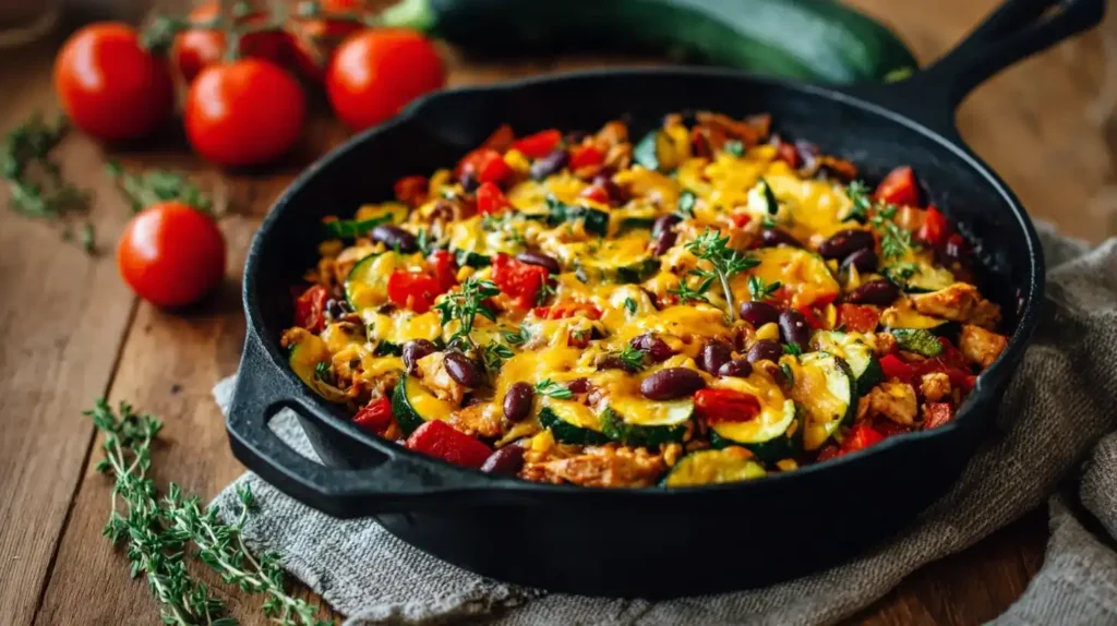 Tex-Mex-Zucchini-Hähnchenpfanne serviert mit buntem Gemüse und geschmolzenem Cheddar