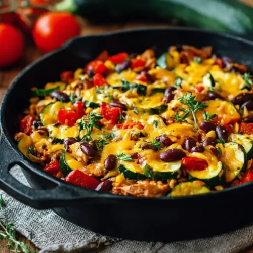 Tex-Mex-Zucchini-Hähnchenpfanne serviert mit buntem Gemüse und geschmolzenem Cheddar