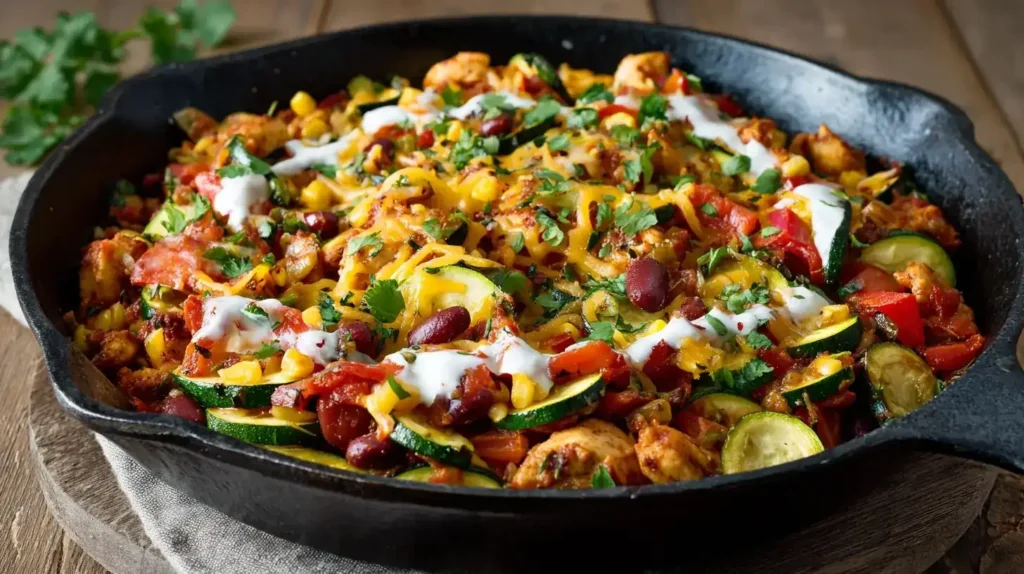 Tex-Mex-Zucchini-Hähnchenpfanne beim Kochen in Pfanne mit Gewürzen und Gemüse