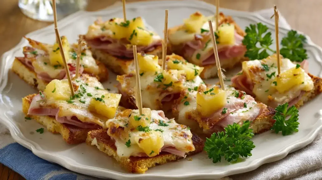 Knusprige Toast-Hawaii-Spieße auf Servierplatte mit Petersilie garniert