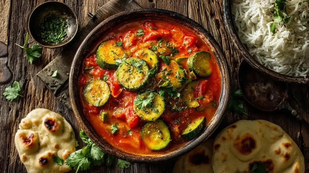 omaten-Zucchini-Curry mit Naan und Basmati-Reis in einer Schale