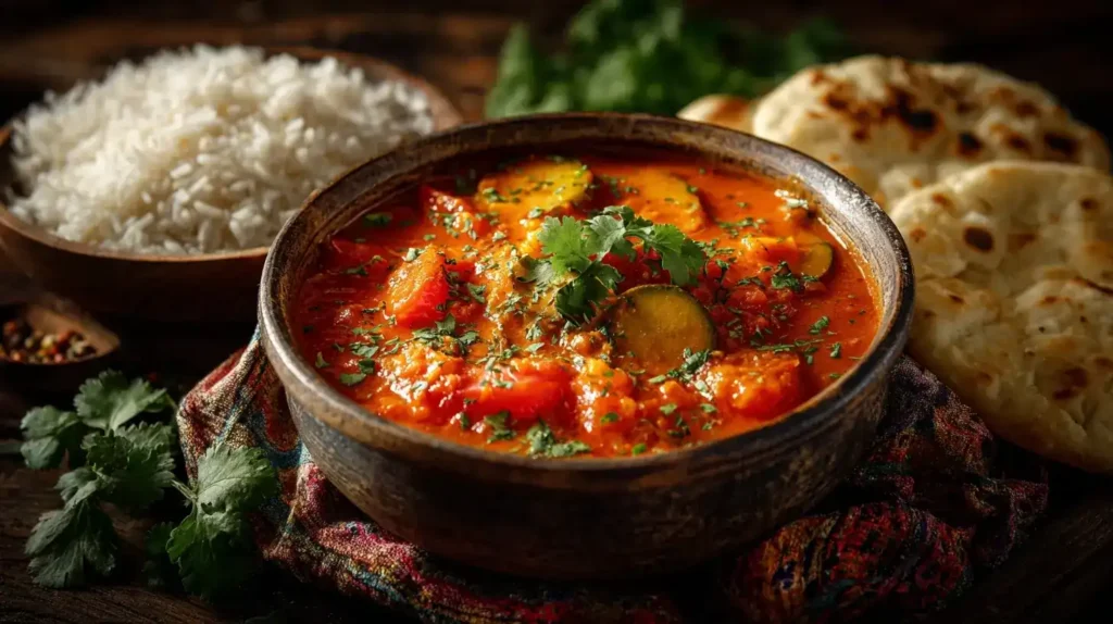 Tomaten-Zucchini-Curry serviert mit Reis und frischem Koriander