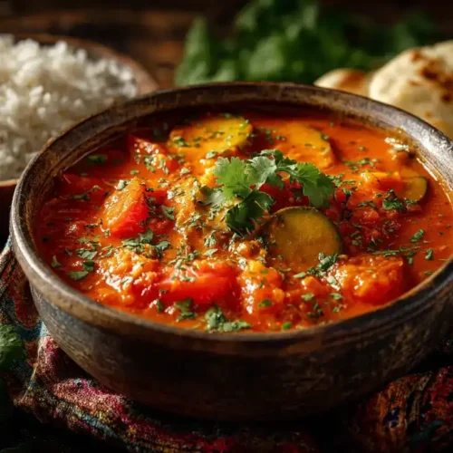 Tomaten-Zucchini-Curry serviert mit Reis und frischem Koriander