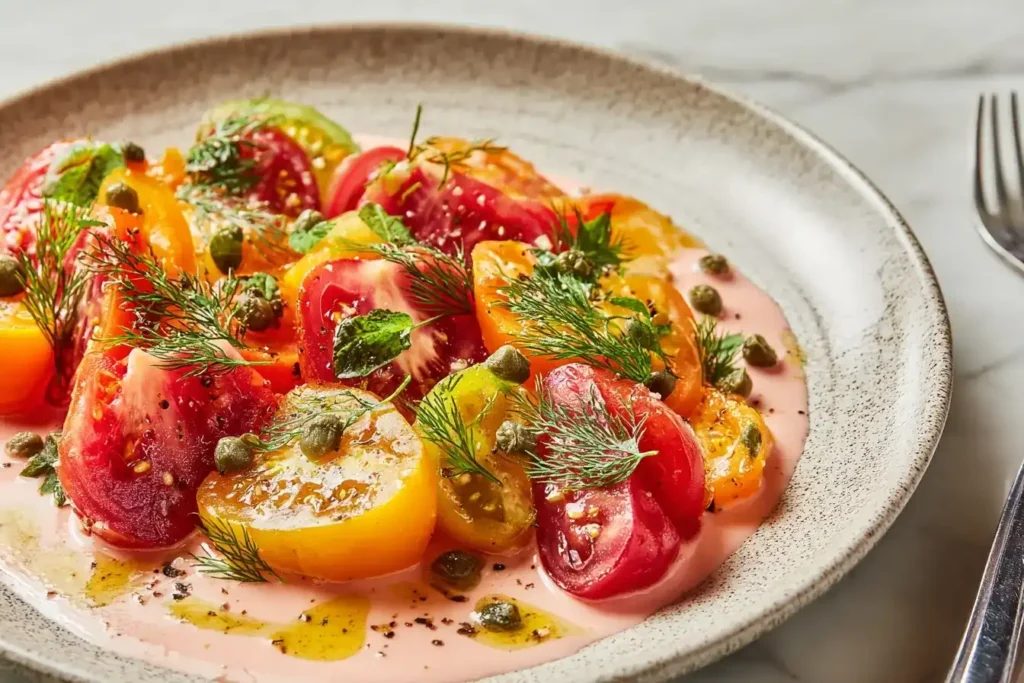 Anrichten von Tomato Tonnato mit Kapern und Fenchelgrün, leichte italienische Vorspeise