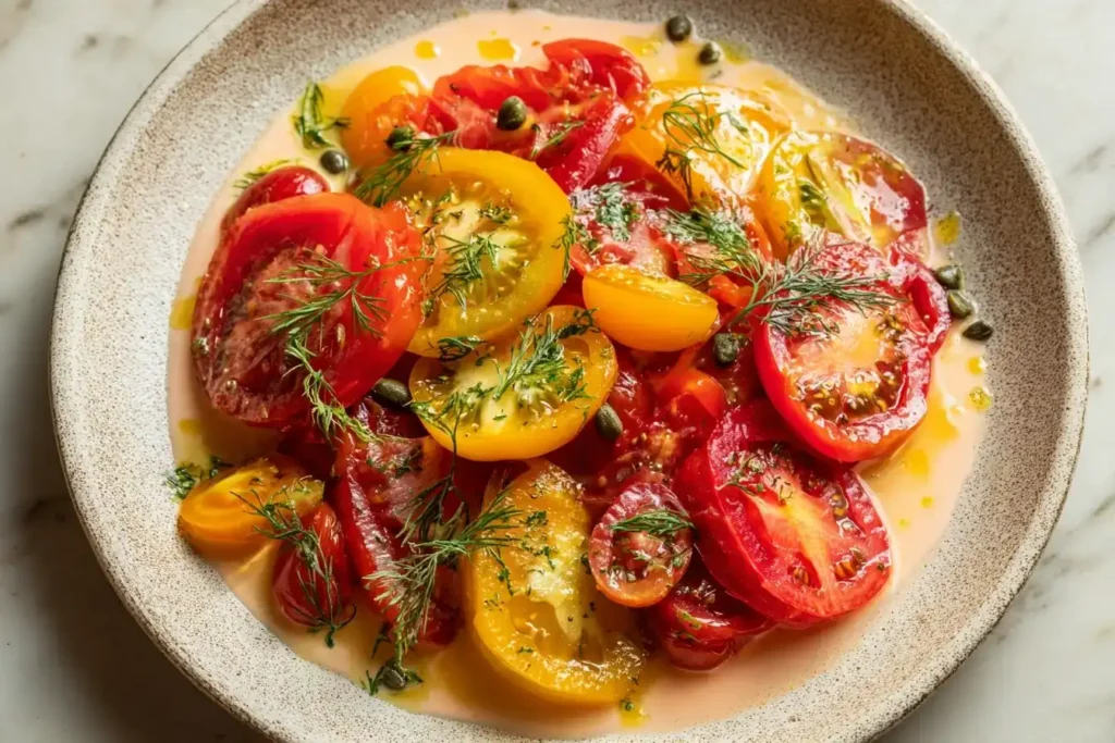 Tomato Tonnato mit bunten Tomaten und cremiger Thunfisch-Kapern-Soße, mediterranes Sommergericht