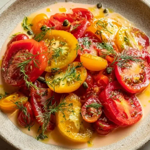 Tomato Tonnato mit bunten Tomaten und cremiger Thunfisch-Kapern-Soße, mediterranes Sommergericht
