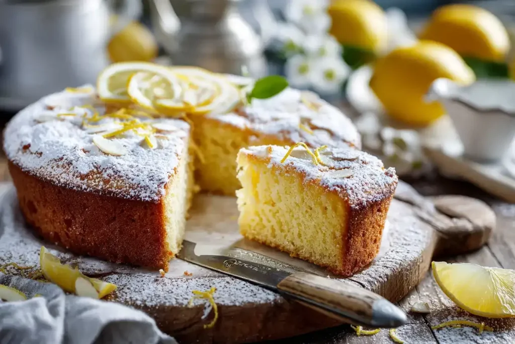 Ganze Torta Caprese al Limone mit Puderzucker