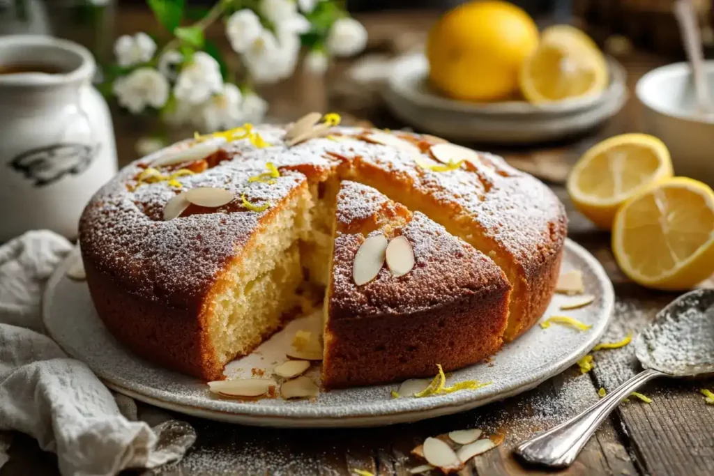 Stück Torta Caprese al Limone mit Zitronenzesten