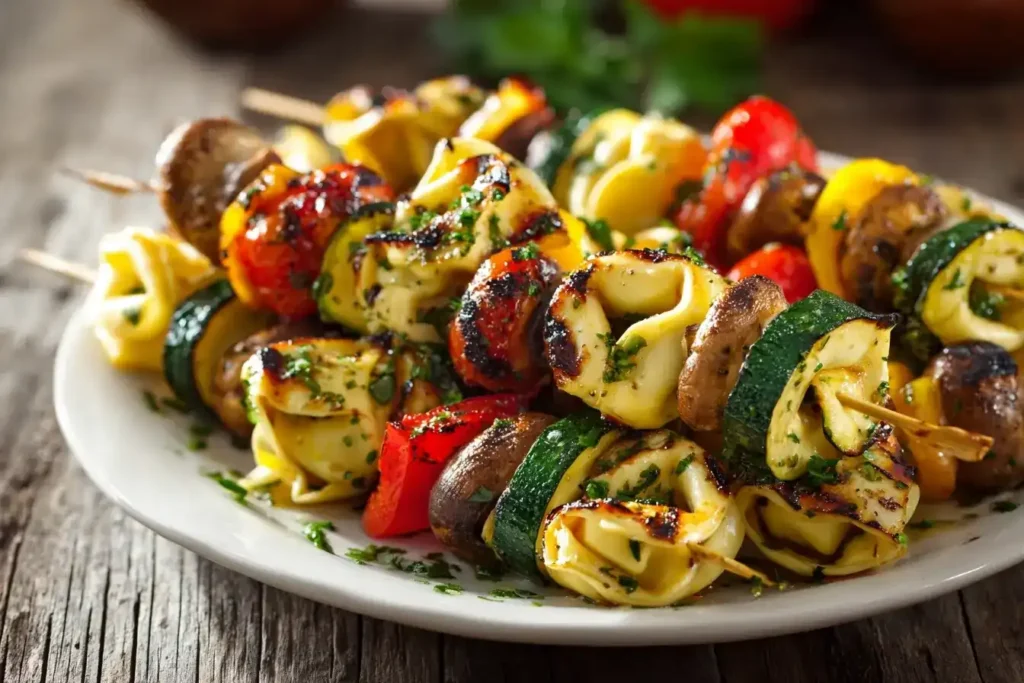 Gegrillte Tortelloni-Spieße mit buntem Grillgemüse und Zitronen-Kräuter-Marinade auf Holzspießen