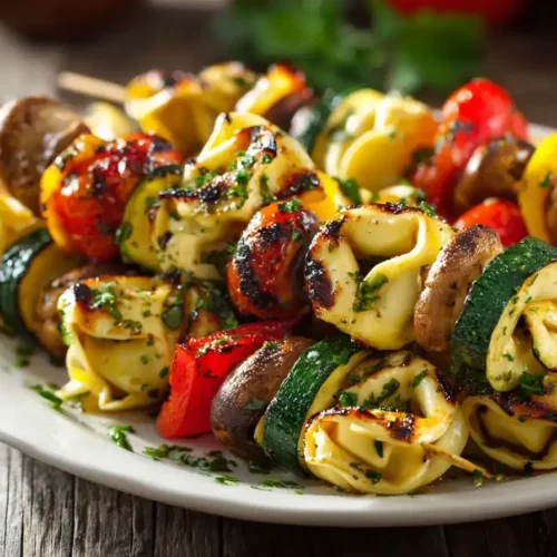 Gegrillte Tortelloni-Spieße mit buntem Grillgemüse und Zitronen-Kräuter-Marinade auf Holzspießen