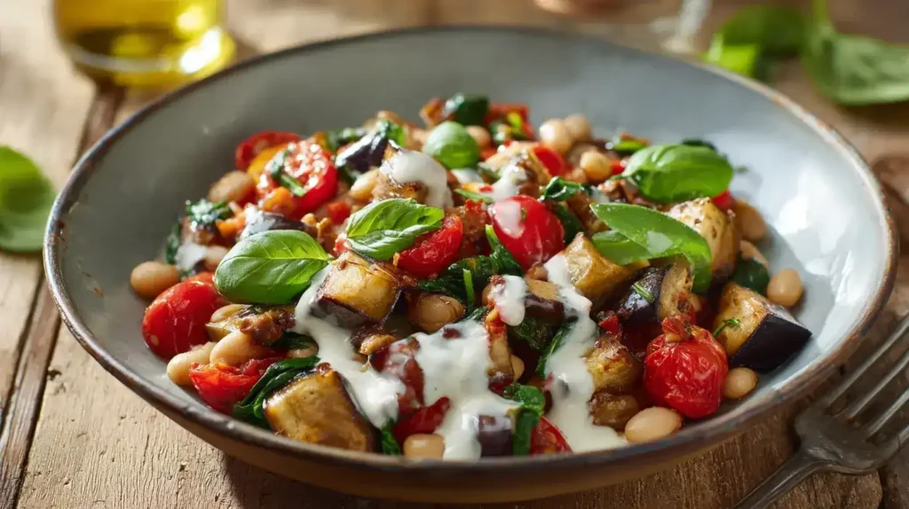 Vegane Auberginen-Bohnen-Pfanne angerichtet mit Spinat, Tomaten und frischem Basilikum