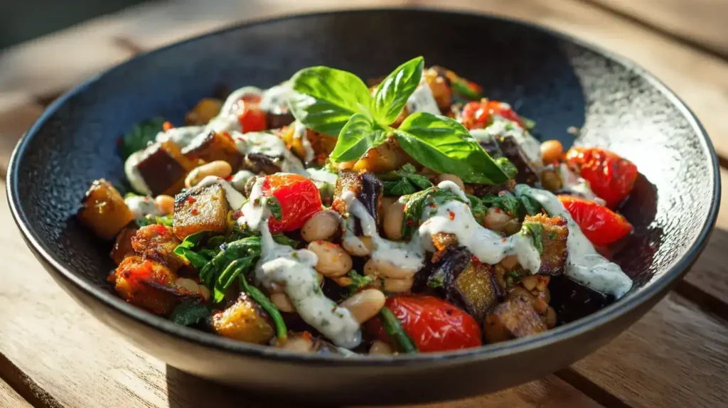 Vegane Auberginen-Bohnen-Pfanne mit Bohnen, Auberginen und Kokossoße serviert in Schale