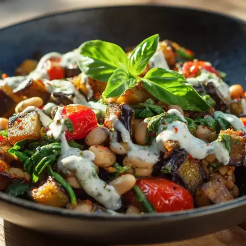 Vegane Auberginen-Bohnen-Pfanne mit Bohnen, Auberginen und Kokossoße serviert in Schale