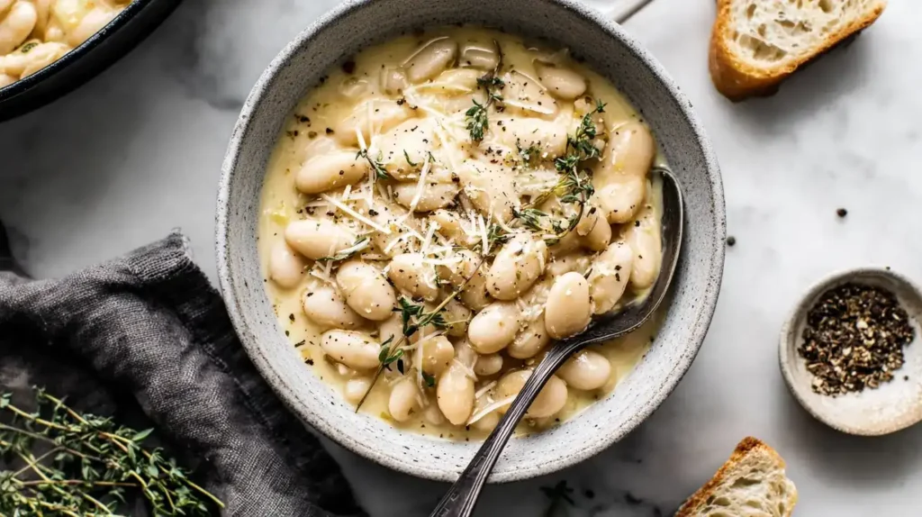 Servierte weiße Bohnen à la Cacio e Pepe in einer rustikalen Schale mit Olivenöl
