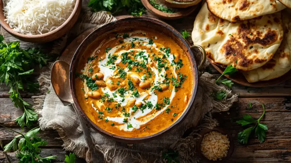 Weiße-Bohnen-Curry in Schüssel mit Reis und Petersilie
