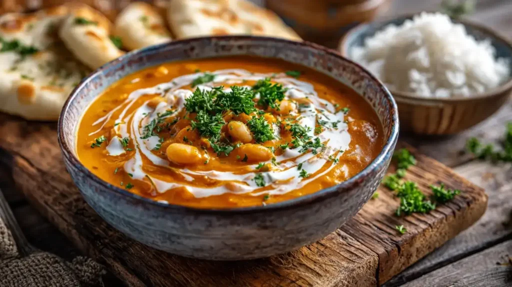 Weiße-Bohnen-Curry mit Spinat und Joghurt serviert